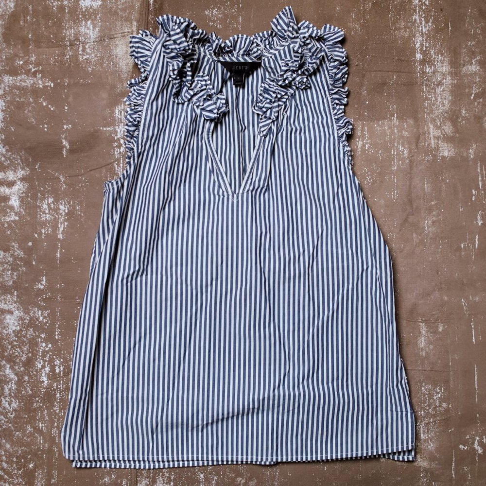 J Crew striped sleeveless ruffle neck top